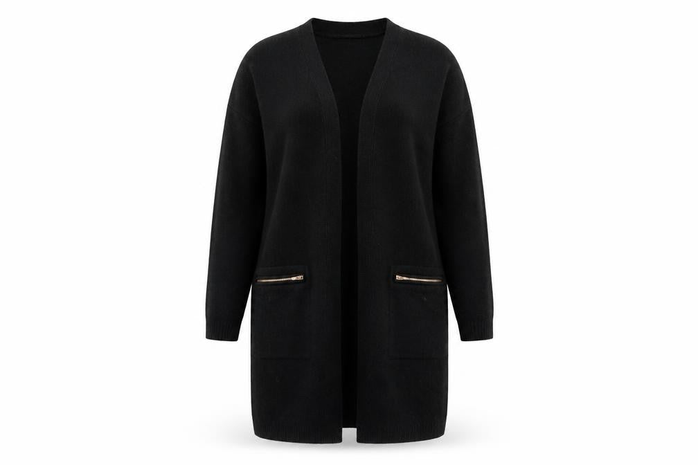 Sosandar Women’s Black Longline Zip Pocket Knit Cardigan Size 10