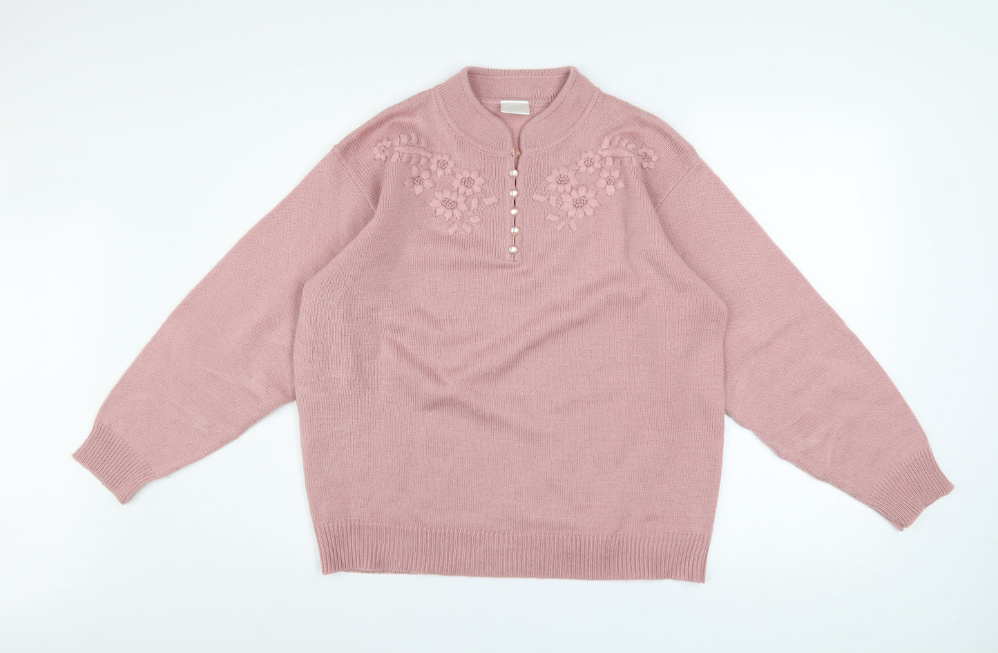 Classics Women Pink Acrylic Henley Jumper Size 16 Embroidered