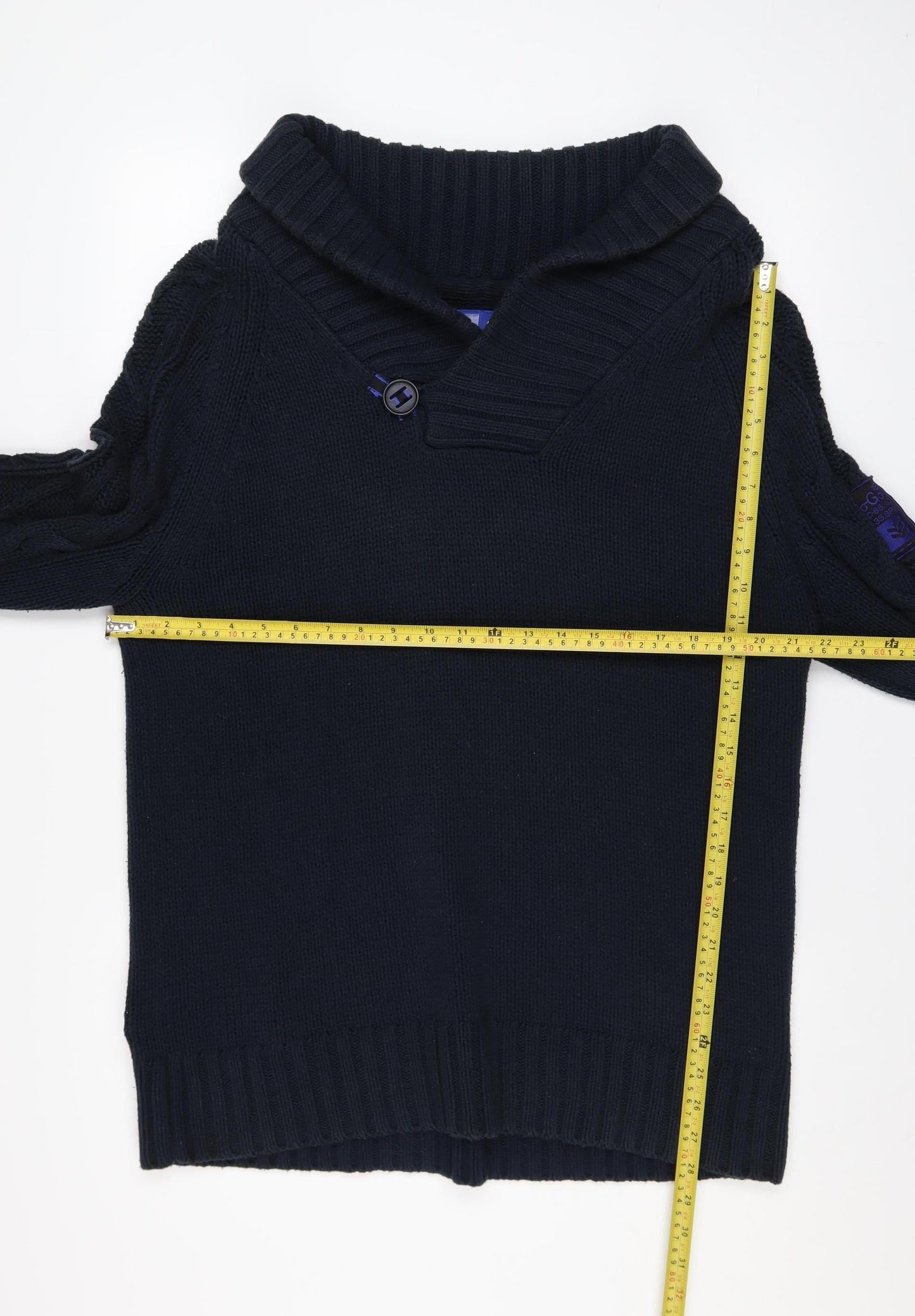 Gio-Goi Men's Blue Cable-Knit Shawl Collar Cotton Pullover Jumper Size L