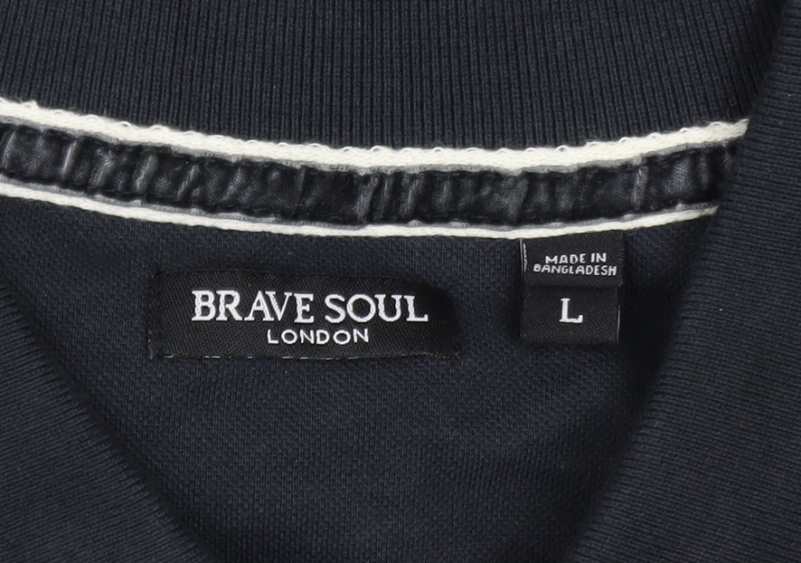 Brave Soul Men's Black Long Sleeve Cotton Polo Shirt Size L