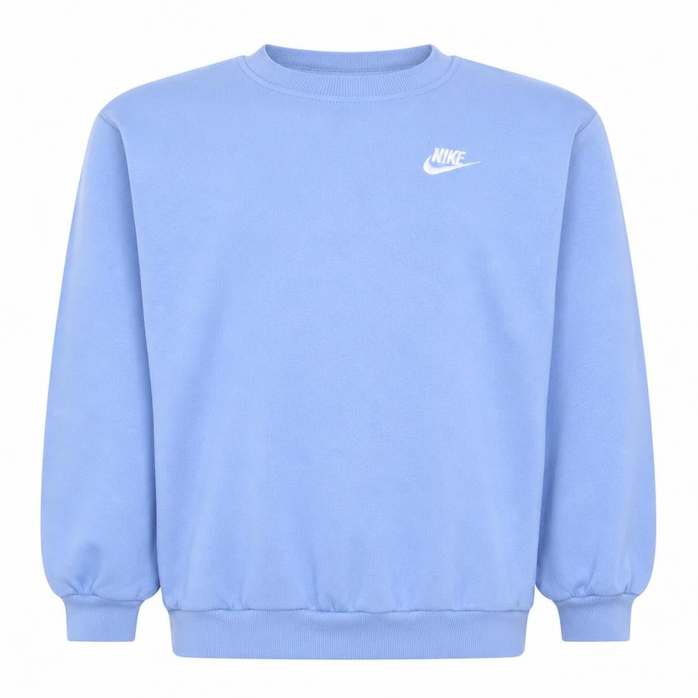 Front view of Nike girls’ blue crew neck fleece sweatshirt, size 146, g