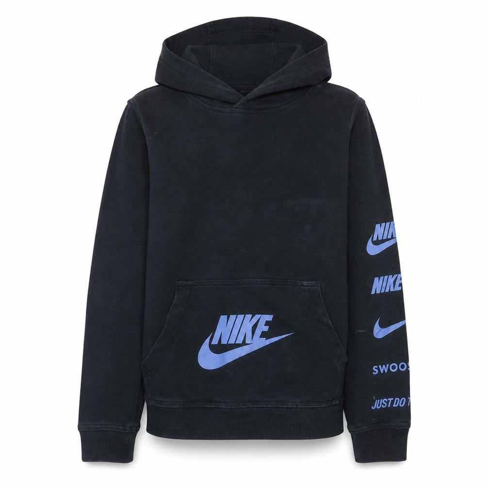 Front view of Nike boys’ black pullover hoodie l 147-158cm graphic fleece sweatshirt