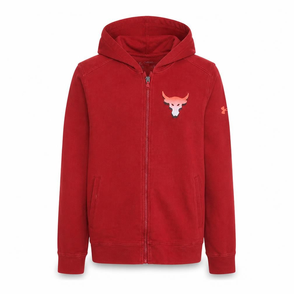 Front view of Under Armour boys’ red full zip hoodie yxl 158-170 loose fit project rock