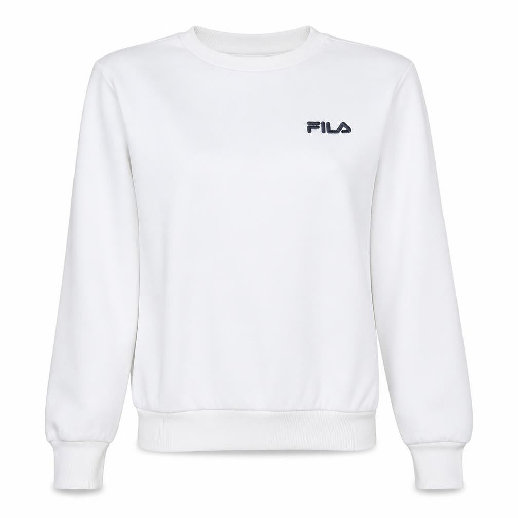 Front view of Fila Women's White Pullover Sweatshirt XXS Cotton Blend Logo Crew Neck