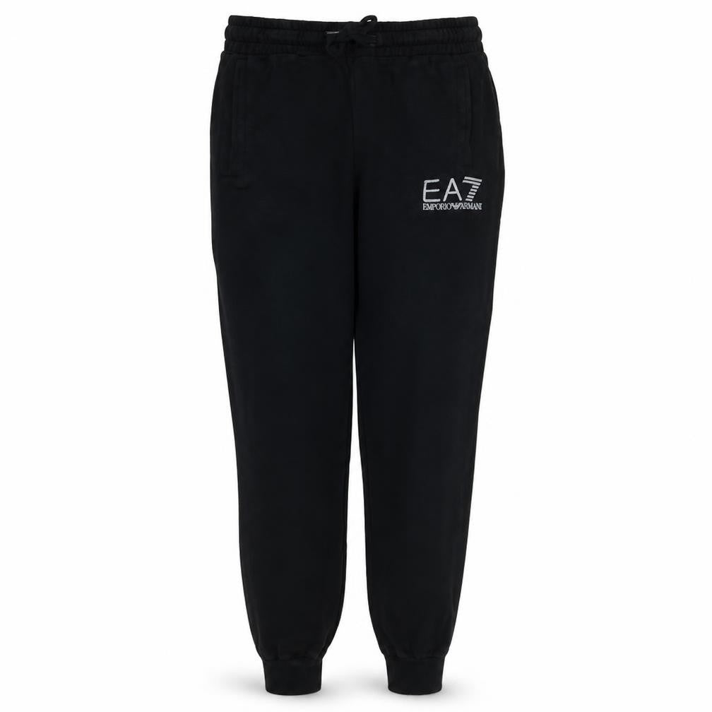 Front view of Emporio Armani EA7 men’s black logo jogger trousers, size L
