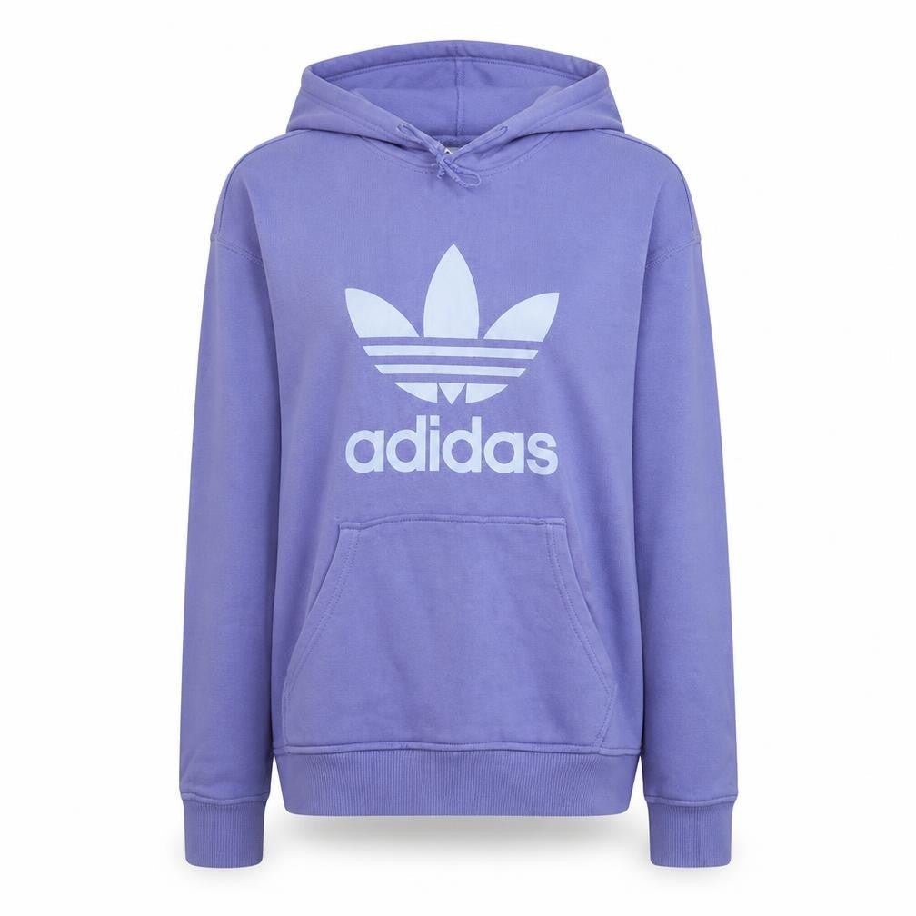 Front view of Adidas women’s purple pullover hoodie, size UK 8, relaxed fit