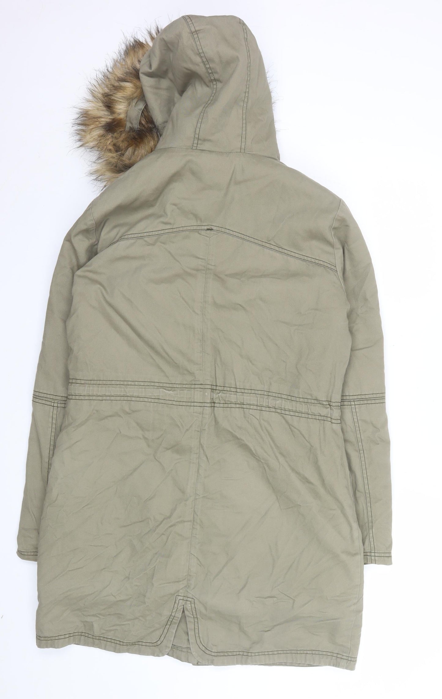 Next Women Green Parka Coat Size 10 Hooded Fur Trim Lined Long Jacket