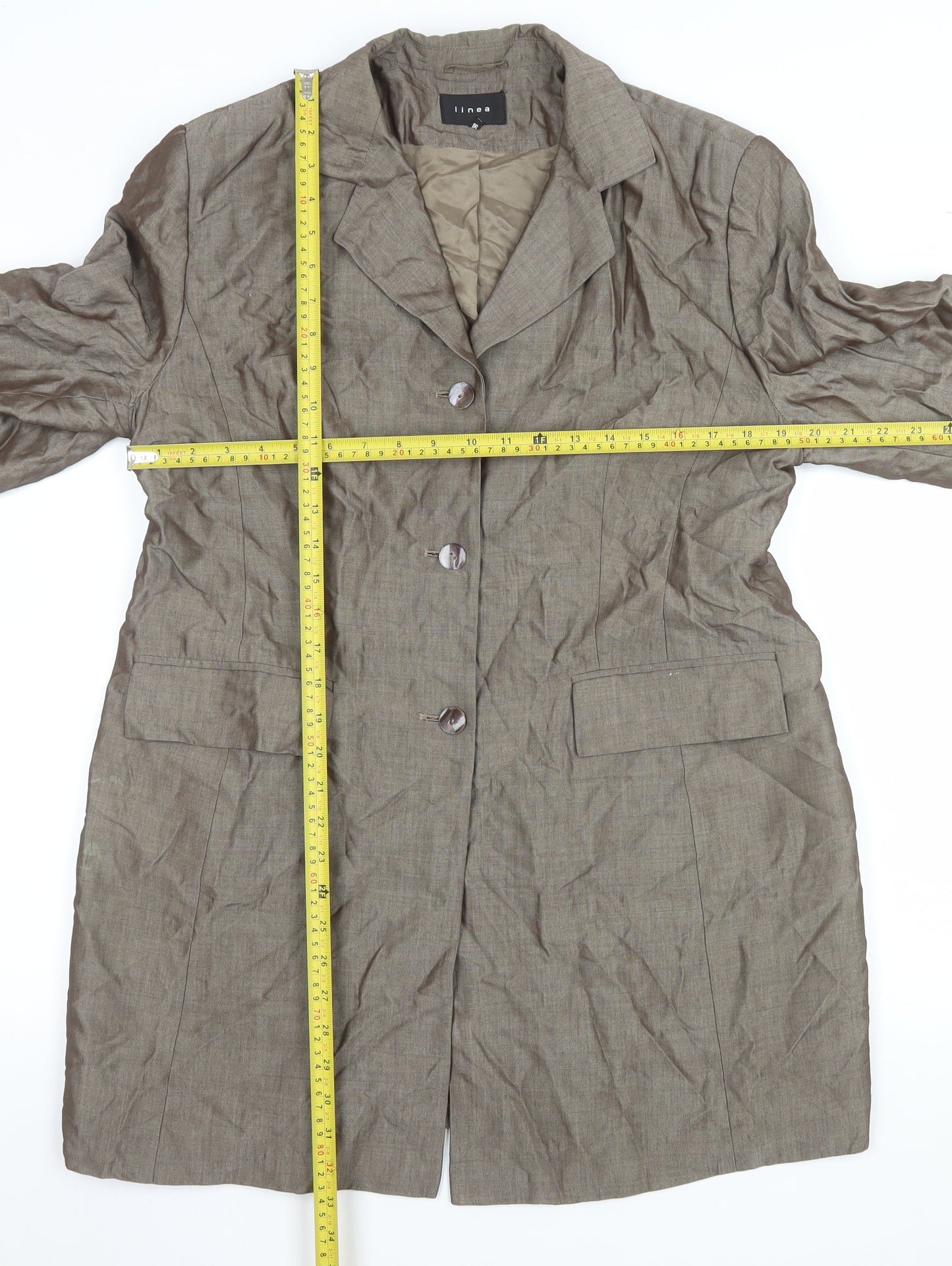 Linea Women Beige Long Single-Breasted Blazer Coat Size 16 Classic Fit