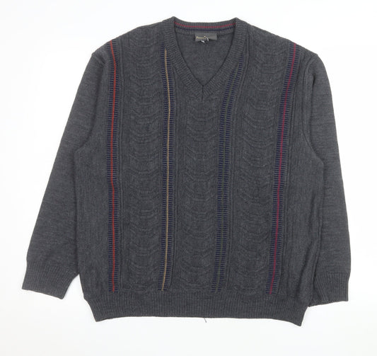 Peter Gribby Men’s Grey Cable-Knit Wool Blend V-Neck Jumper L