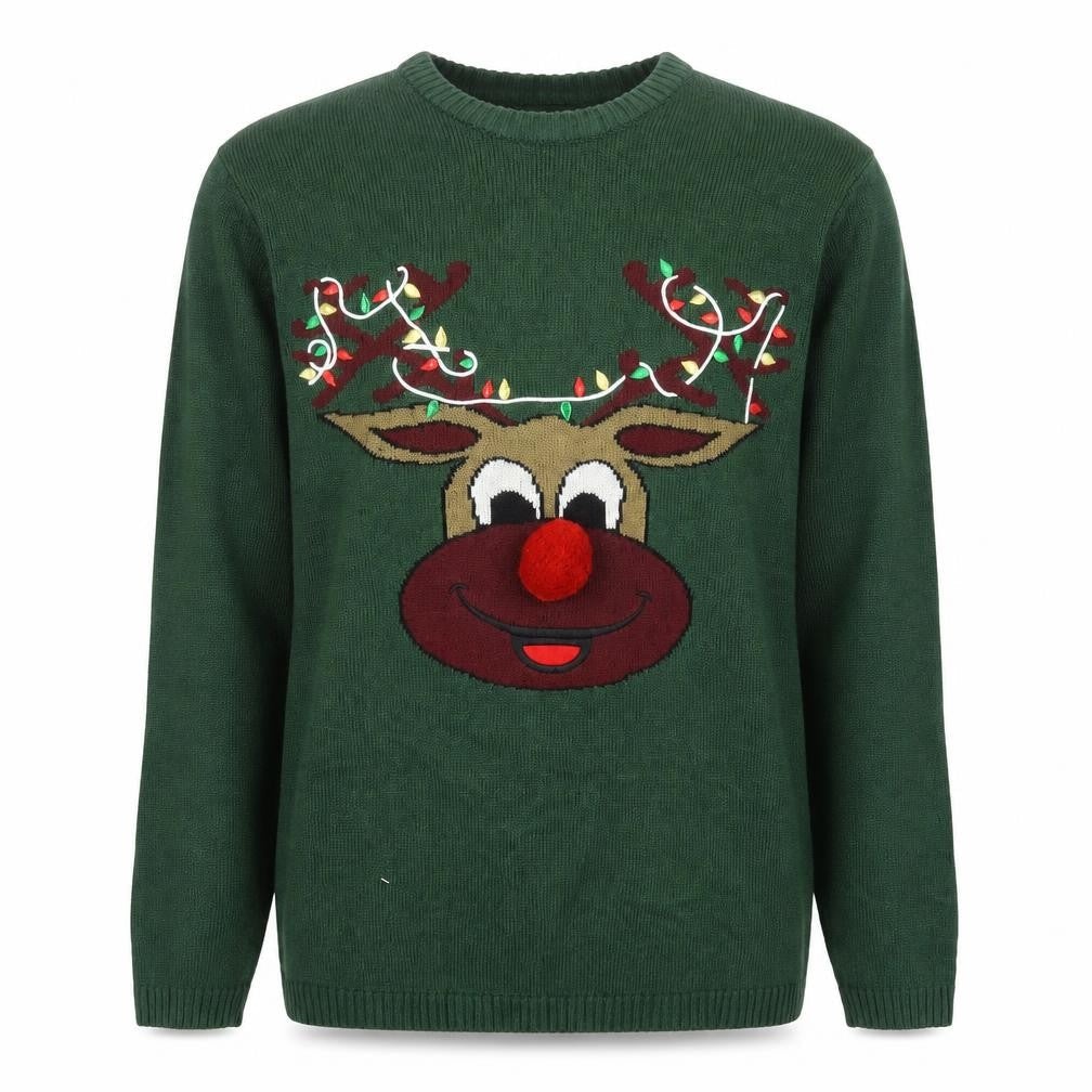 Front view of Only & Sons Men’s Green Christmas Reindeer Jumper, size M, Pullover Knit