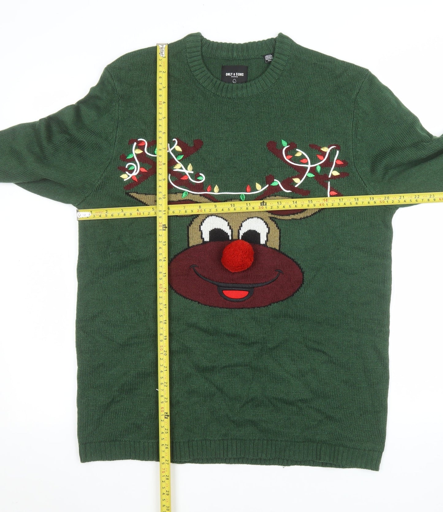ONLY & SONS Men’s Green Christmas Reindeer Jumper Size M Pullover Knit
