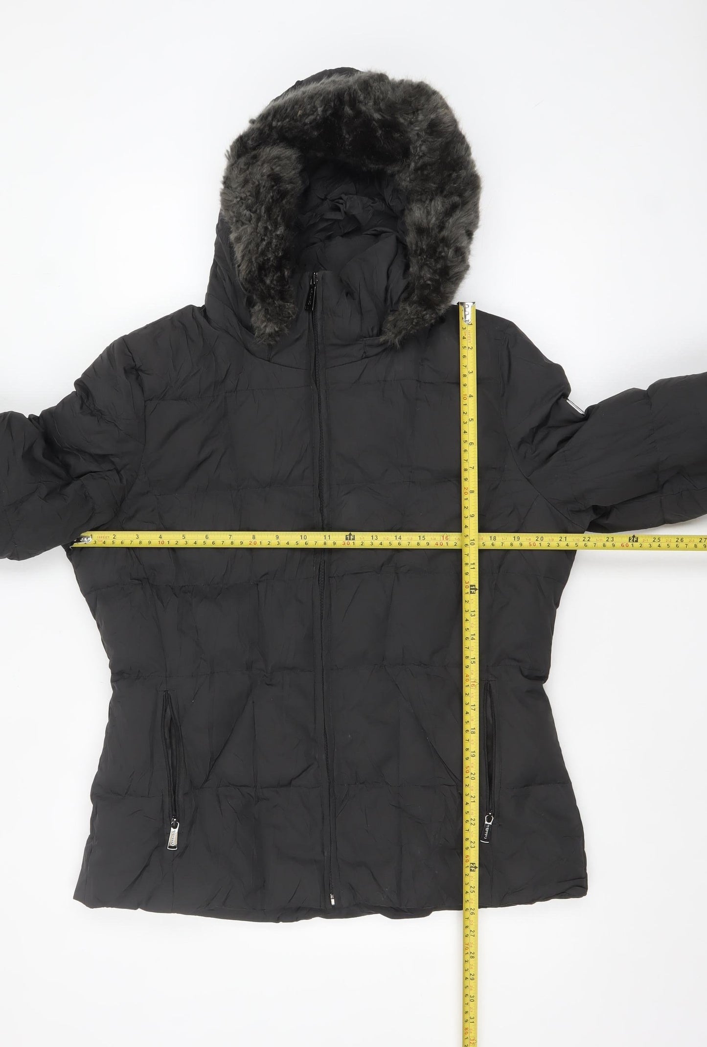 Calvin Klein Womens Black L Puffer Jacket Hooded Faux Fur Trim Winter Coat