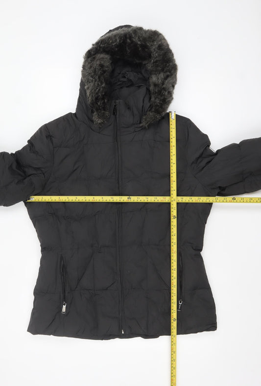 Calvin Klein Womens Black L Puffer Jacket Hooded Faux Fur Trim Winter Coat