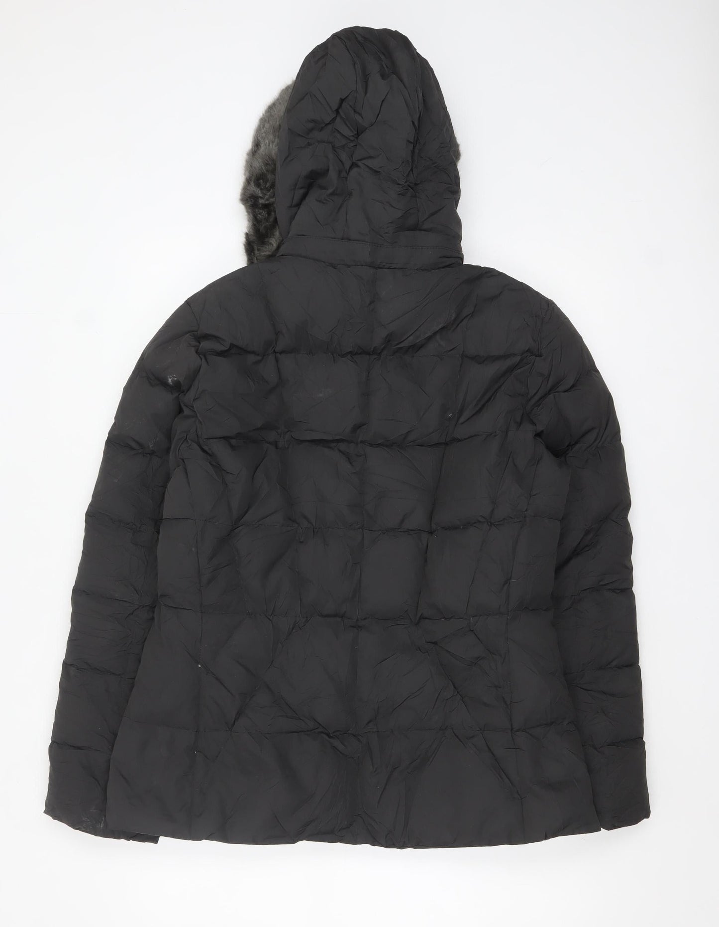 Calvin Klein Womens Black L Puffer Jacket Hooded Faux Fur Trim Winter Coat