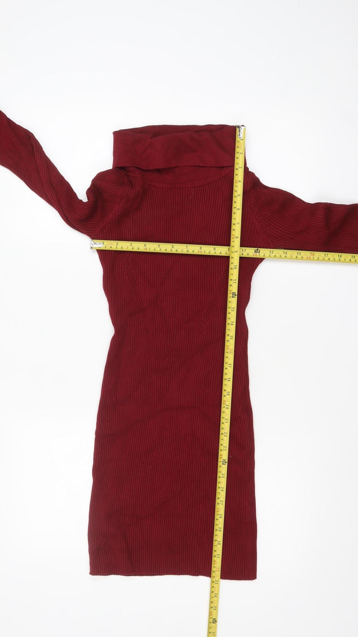 Abolria Women Red Knit Roll Neck Bodycon Dress Size M