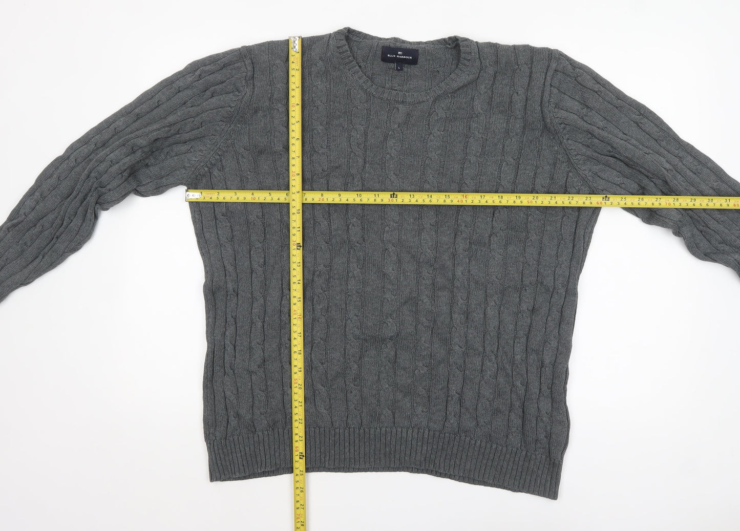 Marks and Spencer Blue Harbour Men's Grey Cable-Knit Cotton Jumper L