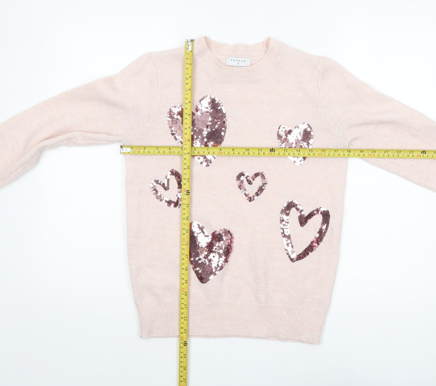 Papaya Womens Pink Sequin Heart Pullover Jumper Size S
