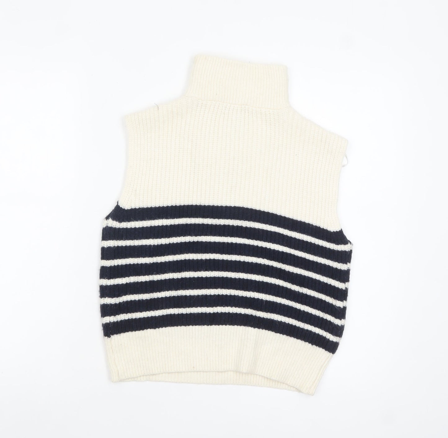 Ruby Moon Women Ivory Striped Half Zip Sleeveless Knit Vest S