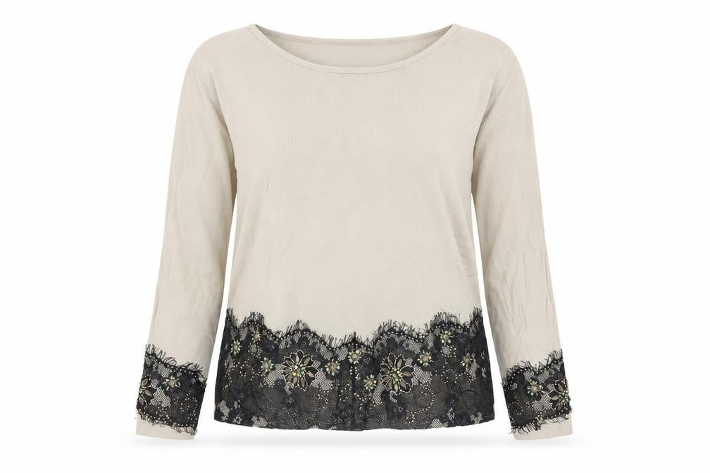 Frank Saul Beige Floral Beaded Lace Hem Jumper M