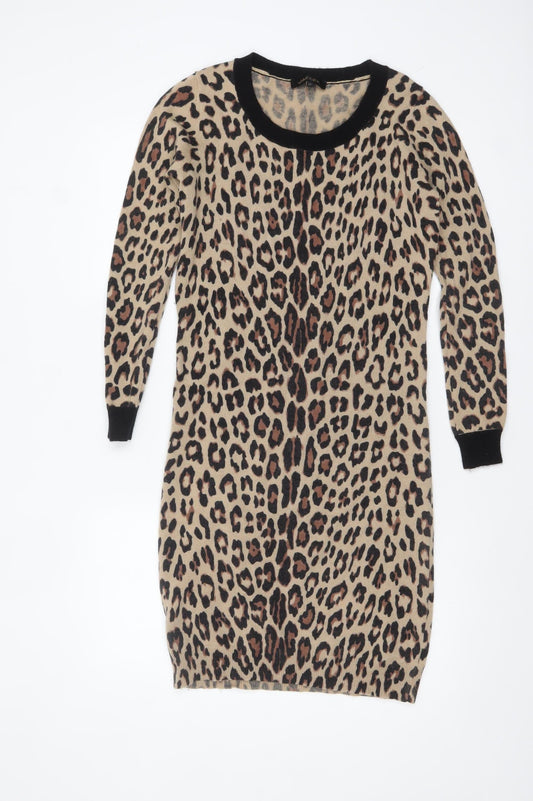 Jaeger Women Beige Leopard Knit Bodycon Dress XS Long Sleeve