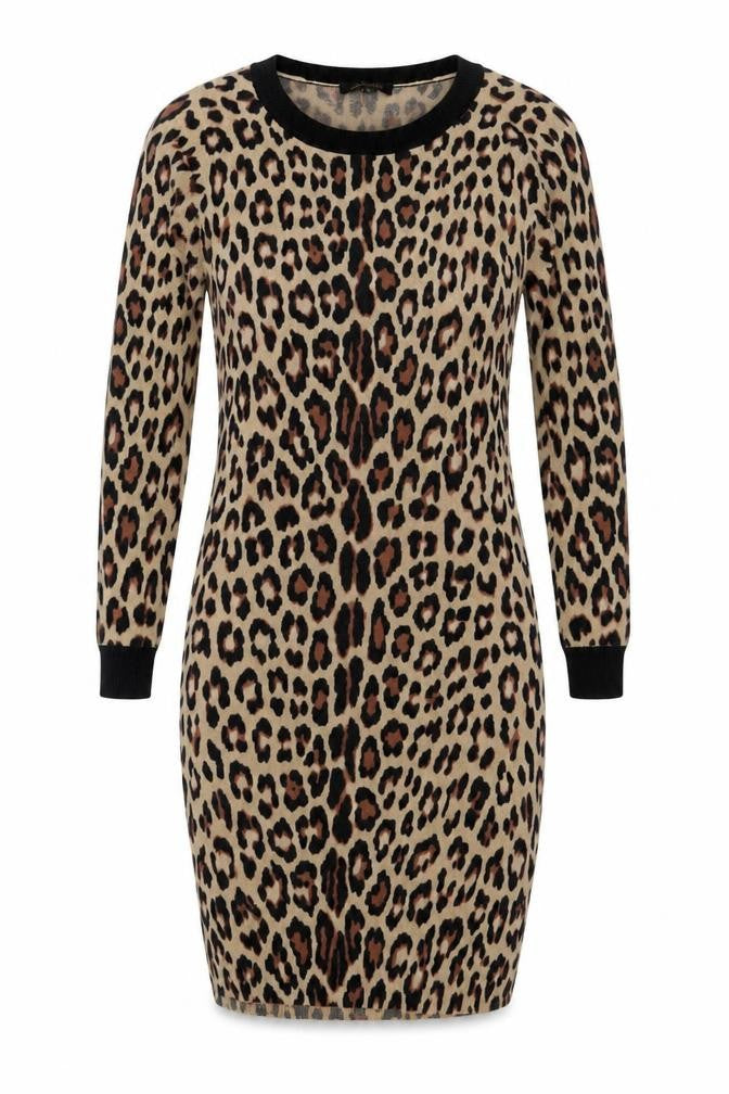 Jaeger Women Beige Leopard Knit Bodycon Dress XS Long Sleeve