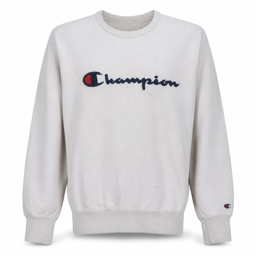 Champion Mens Beige Crew Neck Pullover Sweatshirt Large Logo Cotton Blend
