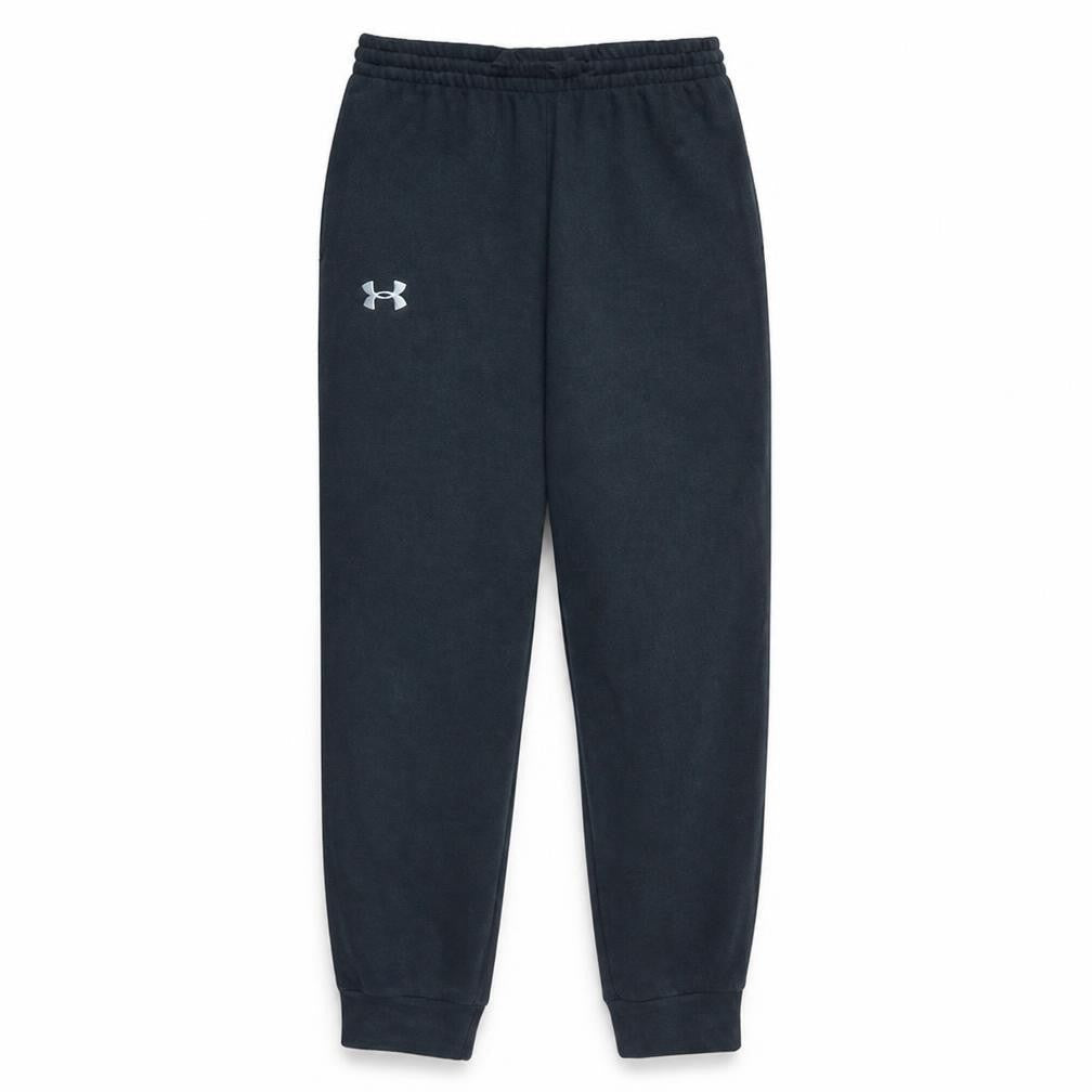 Front view of Under Armour boys’ black jogger trousers, size 12-13, years fleece activewear
