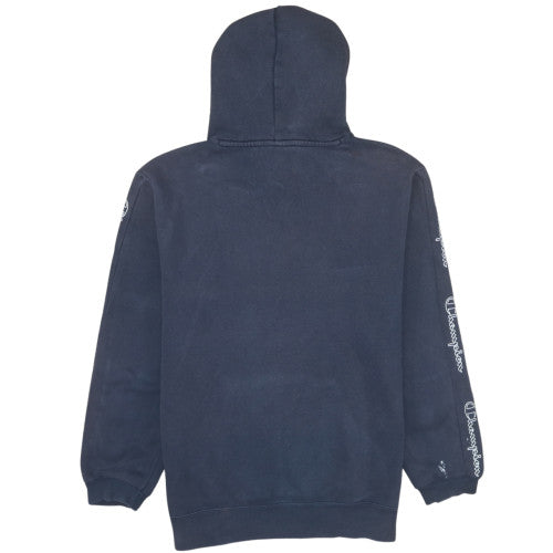 Champion Men's Blue Pullover Hoodie Medium Logo Sleeve Tape Style