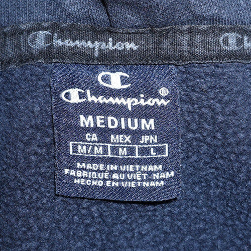 Champion Men's Blue Pullover Hoodie Medium Logo Sleeve Tape Style