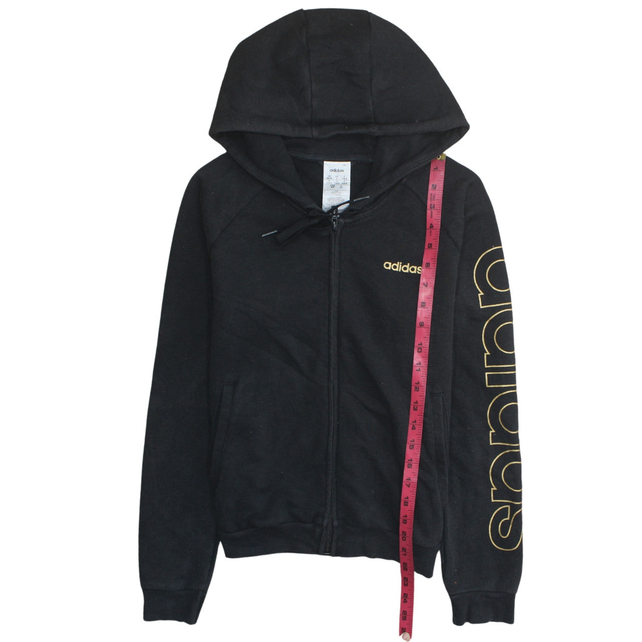 Adidas Women Black Full Zip Hoodie Size S 8-10 Gold Logo Fleece Sweatshirt
