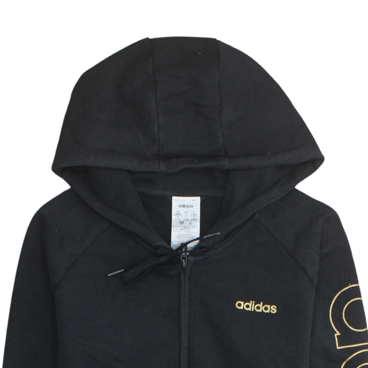 Adidas Women Black Full Zip Hoodie Size S 8-10 Gold Logo Fleece Sweatshirt