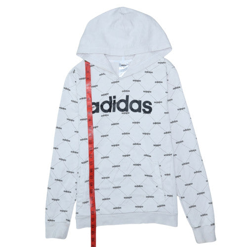 Adidas Womens White Hoodie Medium 12-14 Logo Print Pullover Sweatshirt