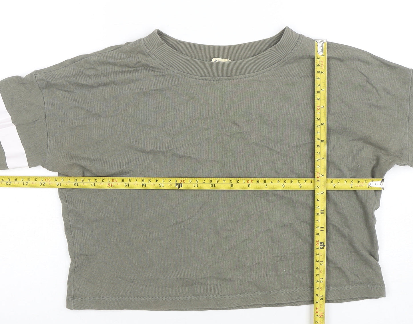 H&M Girls Khaki Green Long Sleeve Cropped Jersey Top 10-12 Years Organic Cotton