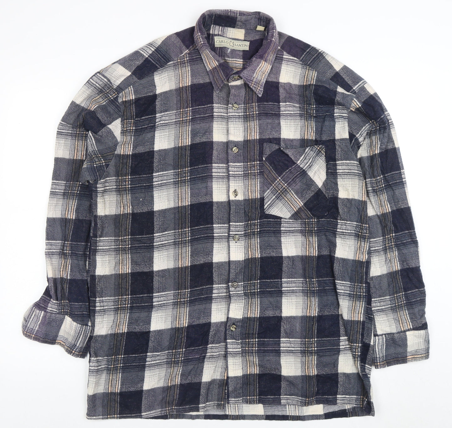 Carlo C. Santini Men's Blue Check Flannel Cotton Button-Up Shirt XL