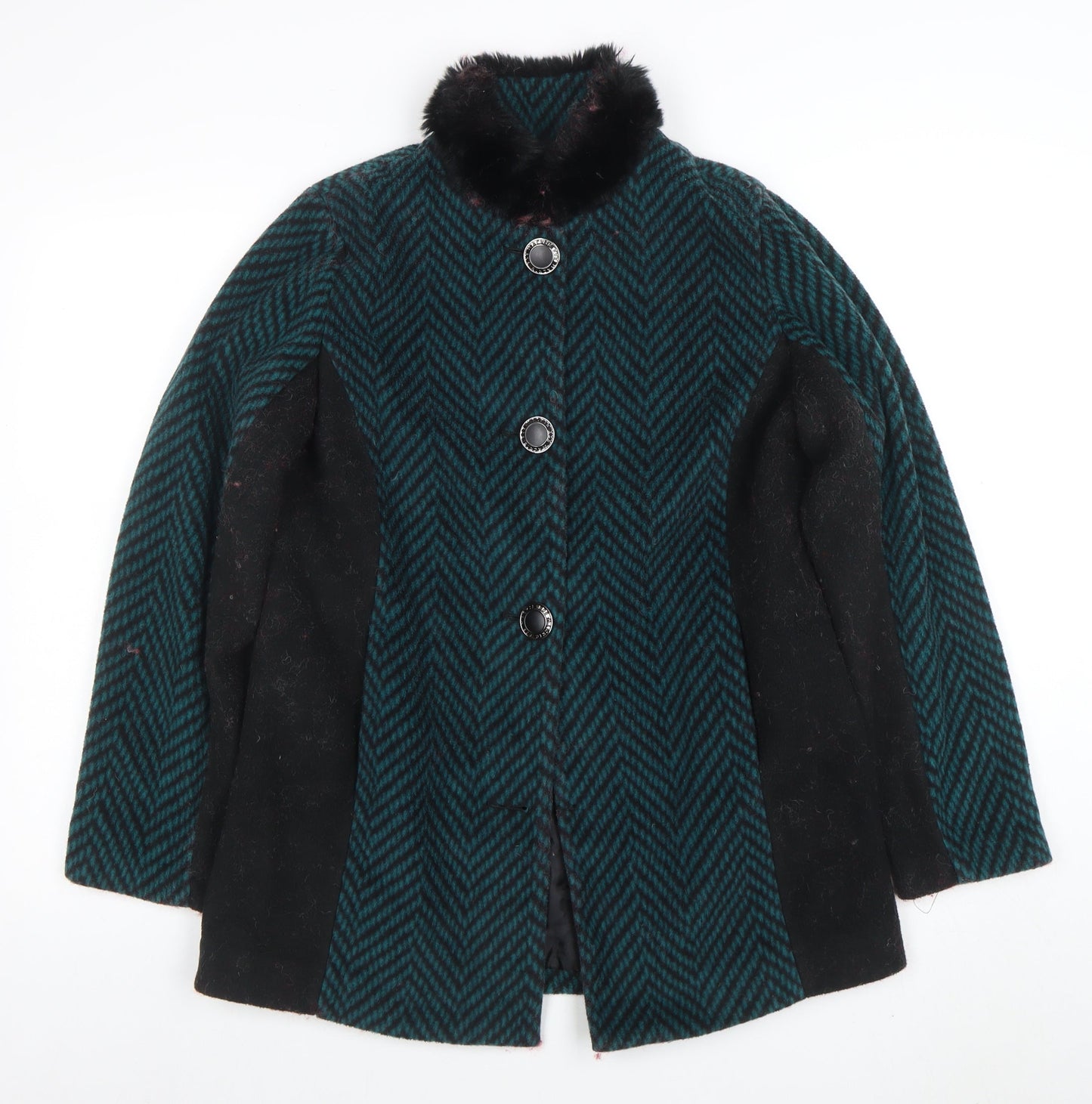 Boohoo Women Green Herringbone Faux Fur Collar Mid-Length Coat XS