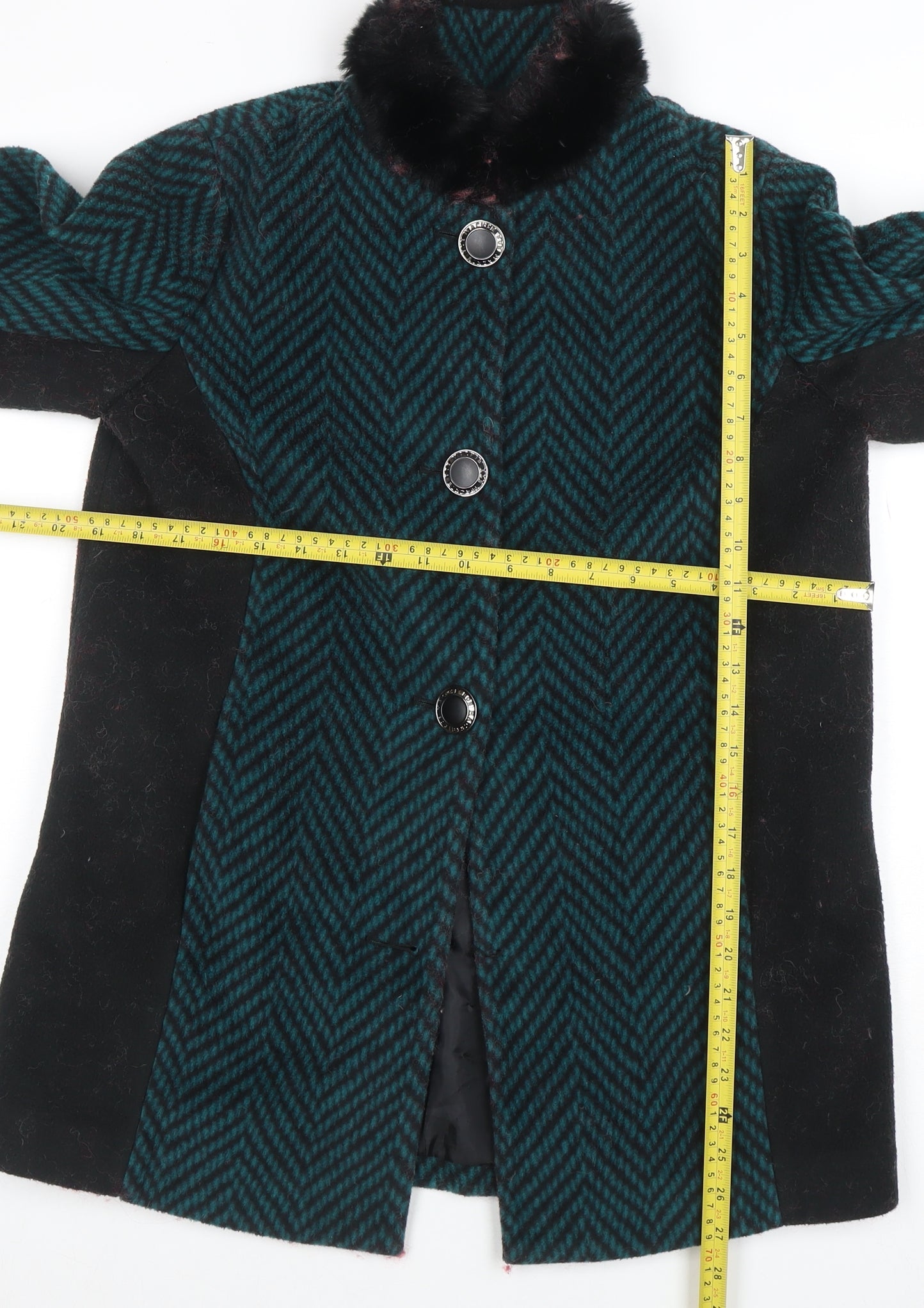 Boohoo Women Green Herringbone Faux Fur Collar Mid-Length Coat XS