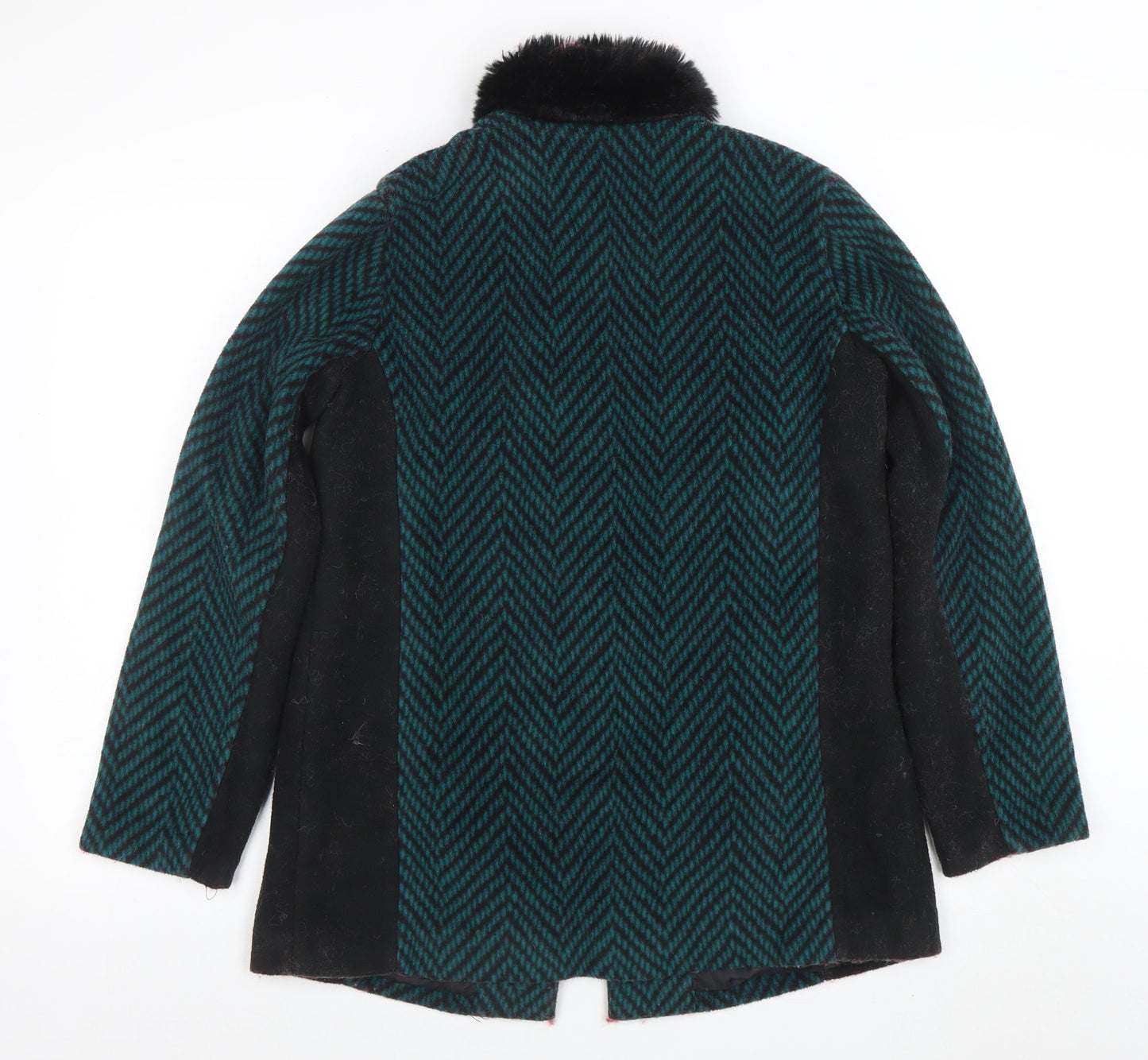 Boohoo Women Green Herringbone Faux Fur Collar Mid-Length Coat XS