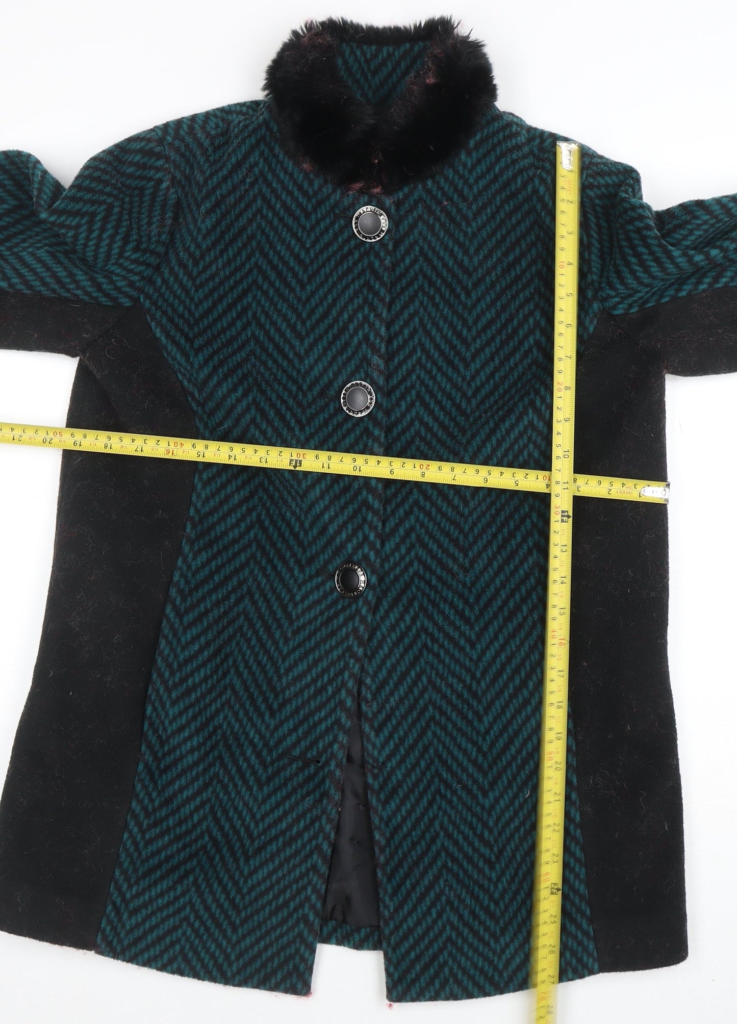 Boohoo Women Green Herringbone Faux Fur Collar Mid-Length Coat XS