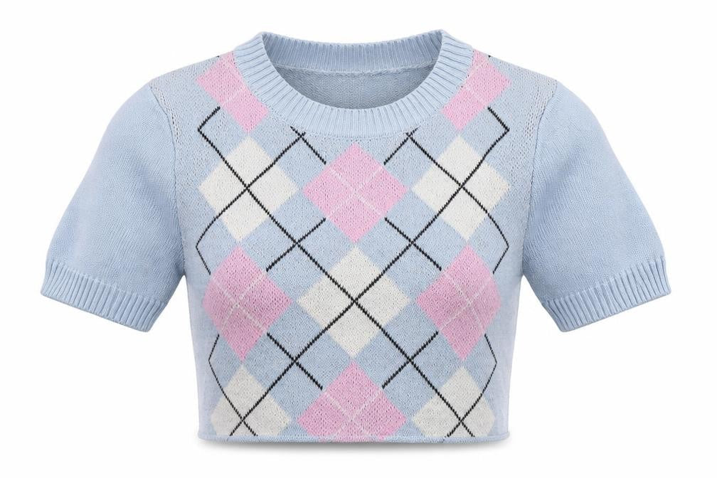 H&M Divided Women's Blue Argyle Cropped Knit Short Sleeve Top Size S