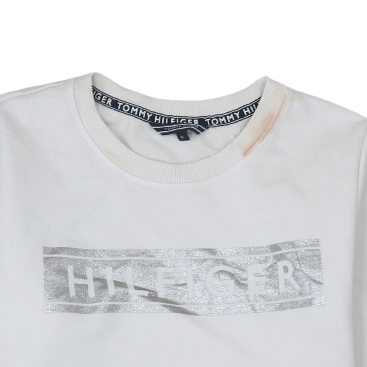 Tommy Hilfiger Womens White Silver Logo Crew Neck Sweatshirt XL