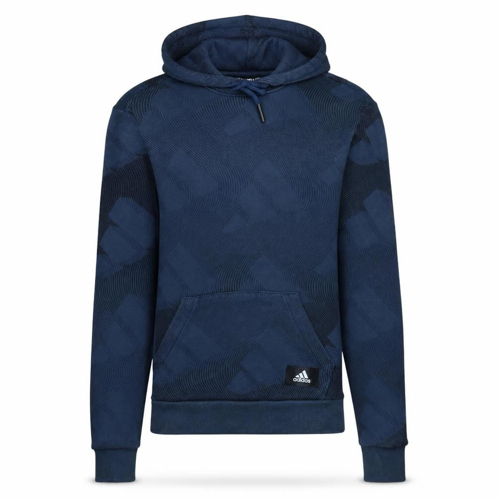 Front view of Adidas men’s blue xs pullover hoodie graphic print