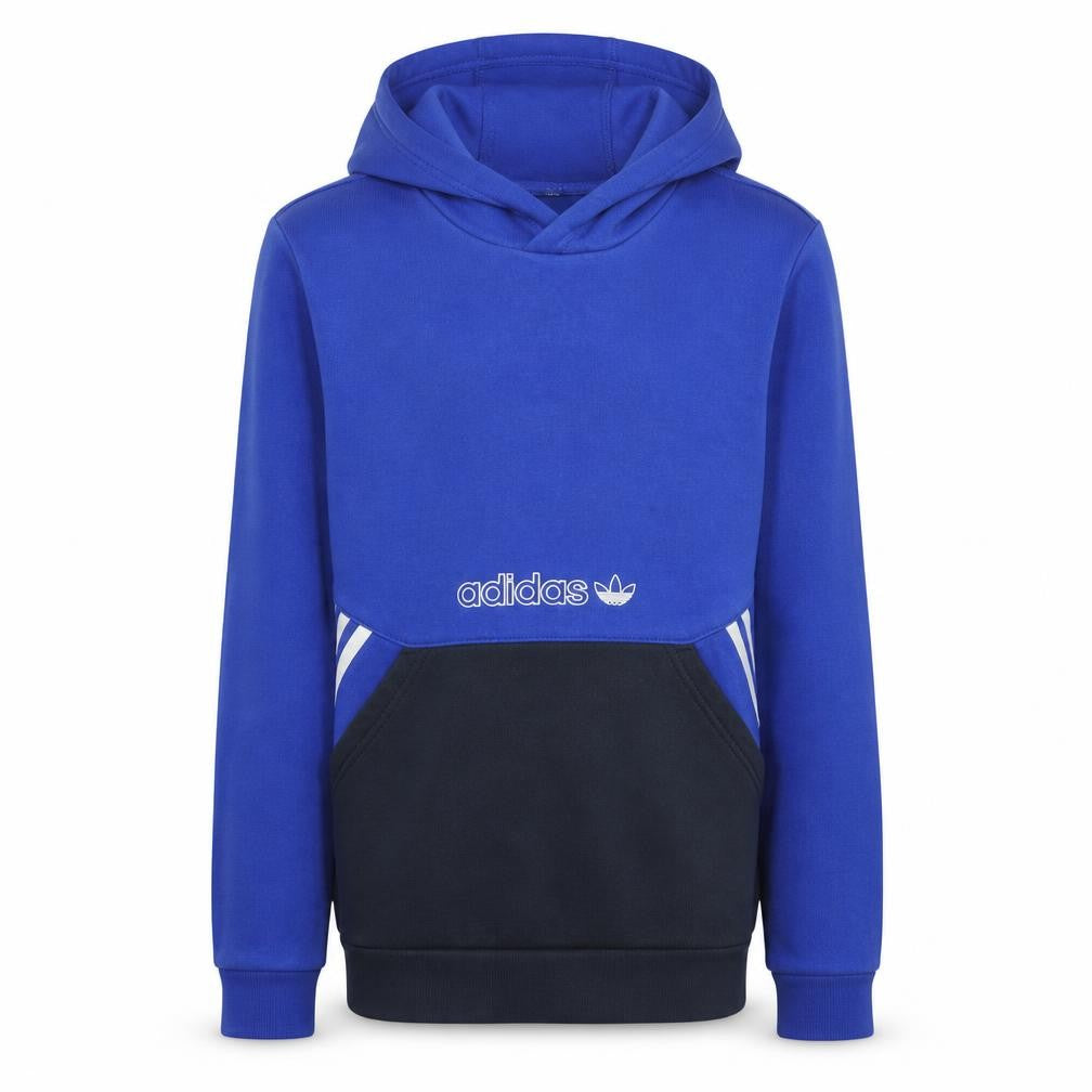Front view of Adidas boys’ blue pullover hoodie 15-16 years colourblock logo sweatshirt