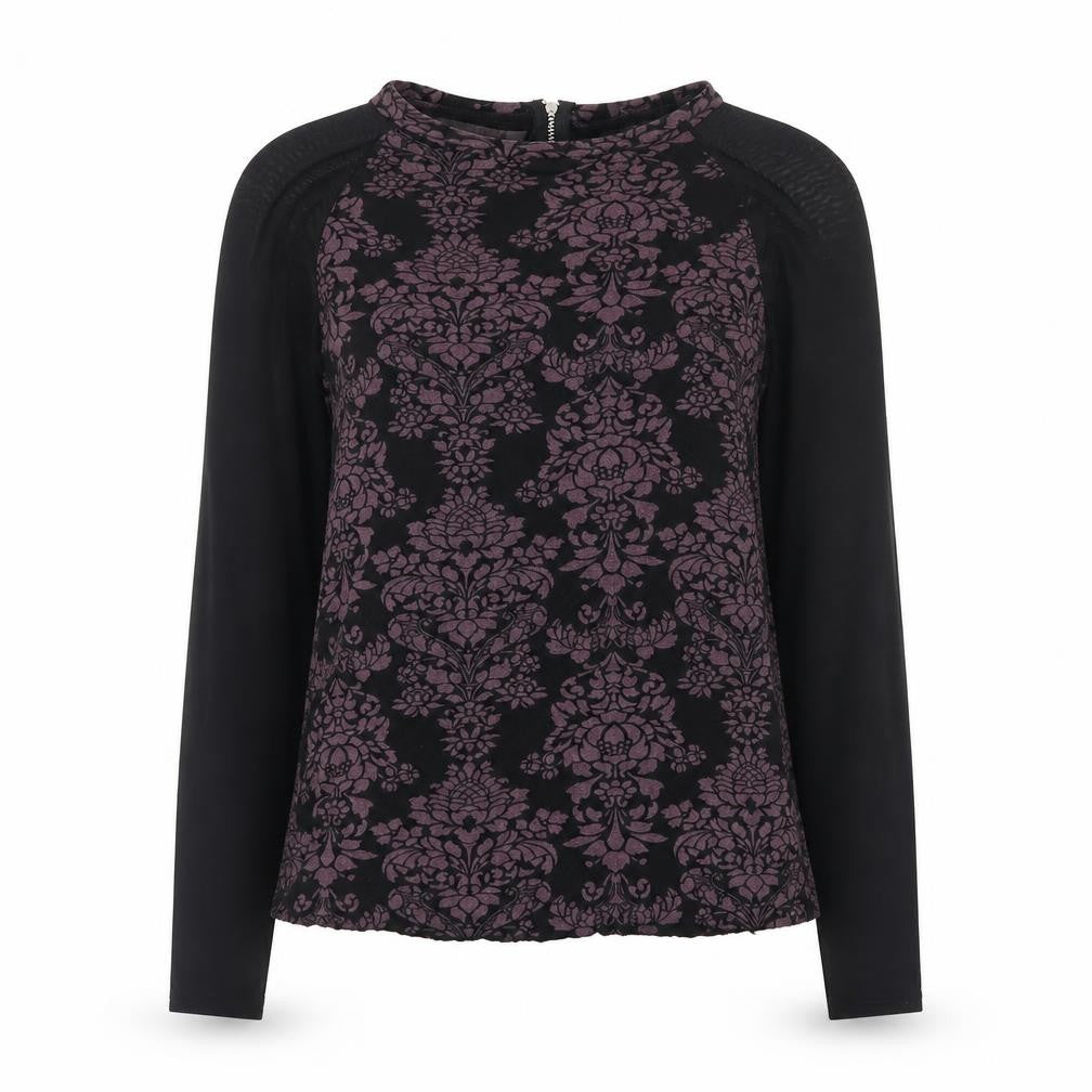Sigeag Womens Black Purple Floral Long Sleeve Zip Blouse Size L