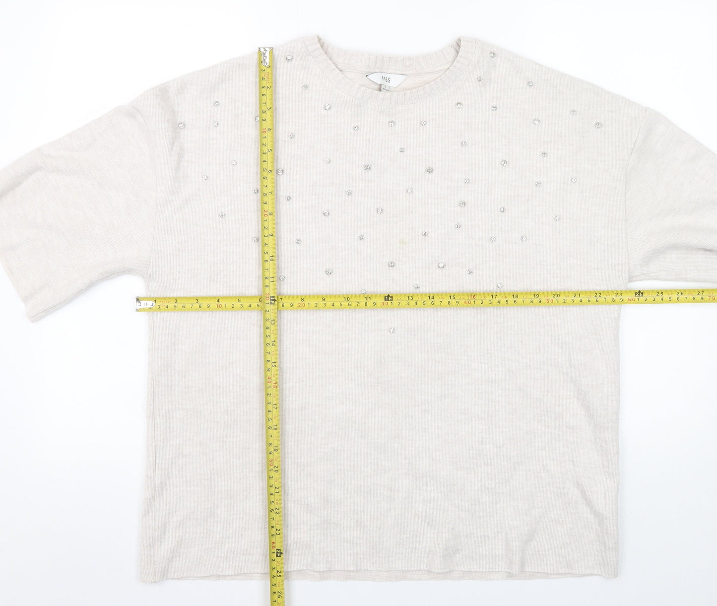 Marks and Spencer Women’s Beige Beaded Short Sleeve Pullover Jumper Size 14