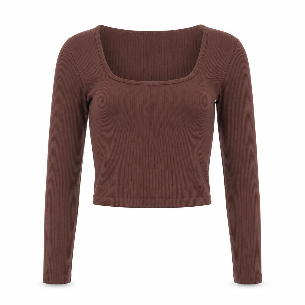 Zara Women Brown Cropped Ribbed Long Sleeve Square Neck Top XS