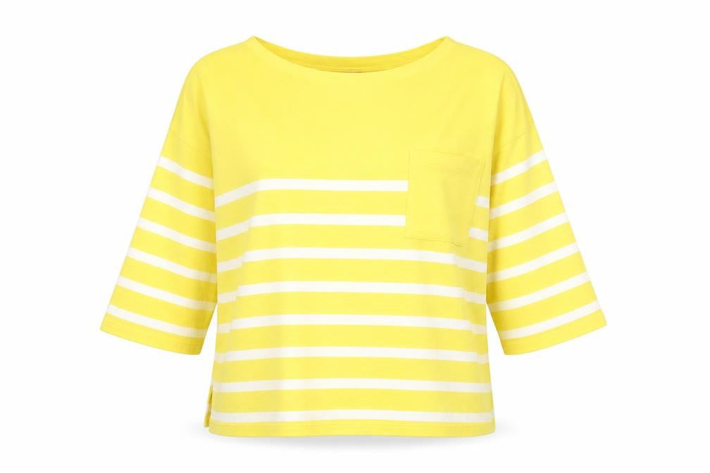 Marks and Spencer Women Yellow Striped 3/4 Sleeve Cotton T-Shirt Size 14