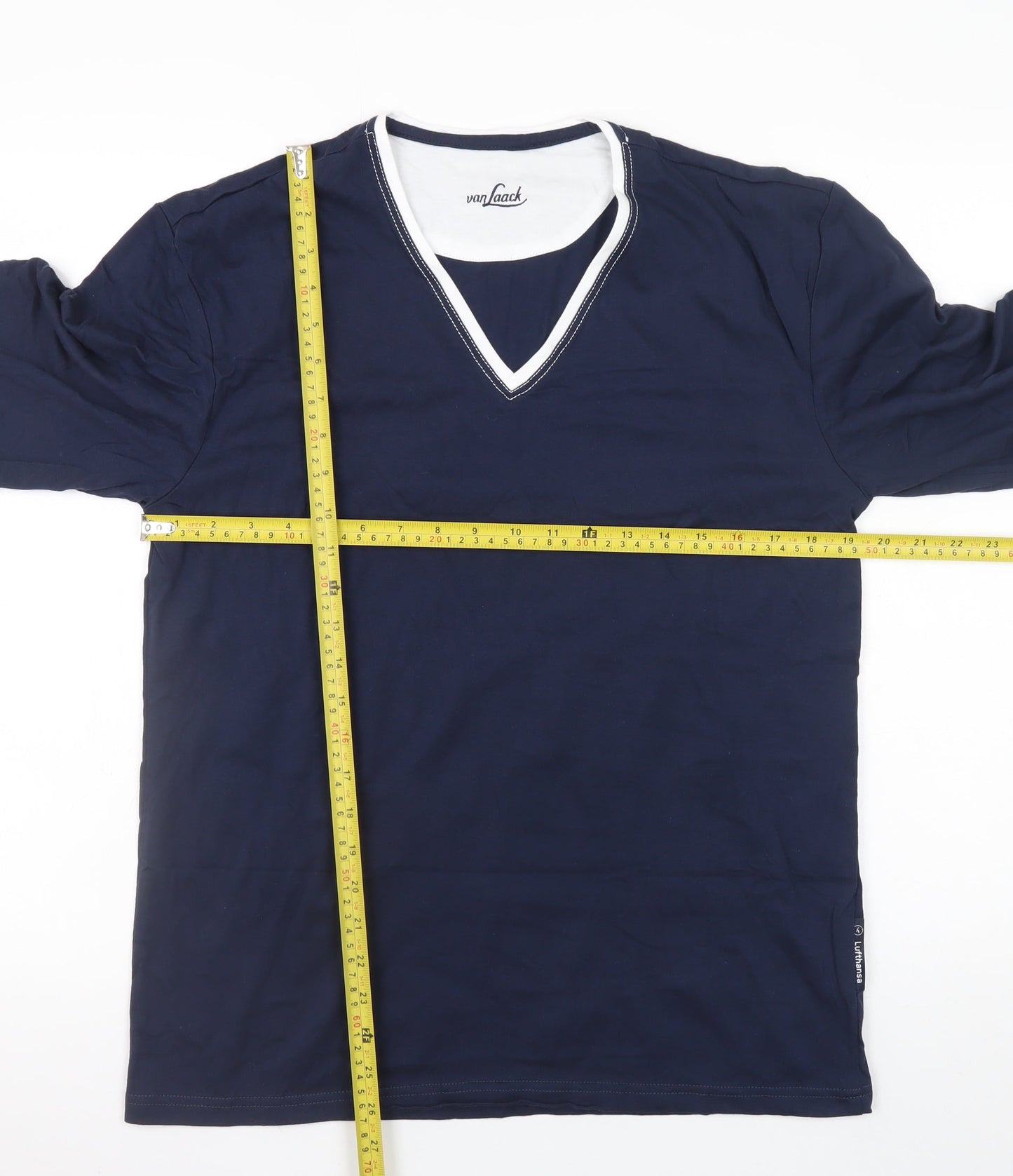 Van Laack Men's Blue V-Neck Long Sleeve Cotton Blend T-Shirt M