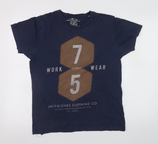 Jack & Jones Men's Blue Graphic Workwear T-Shirt Size L
