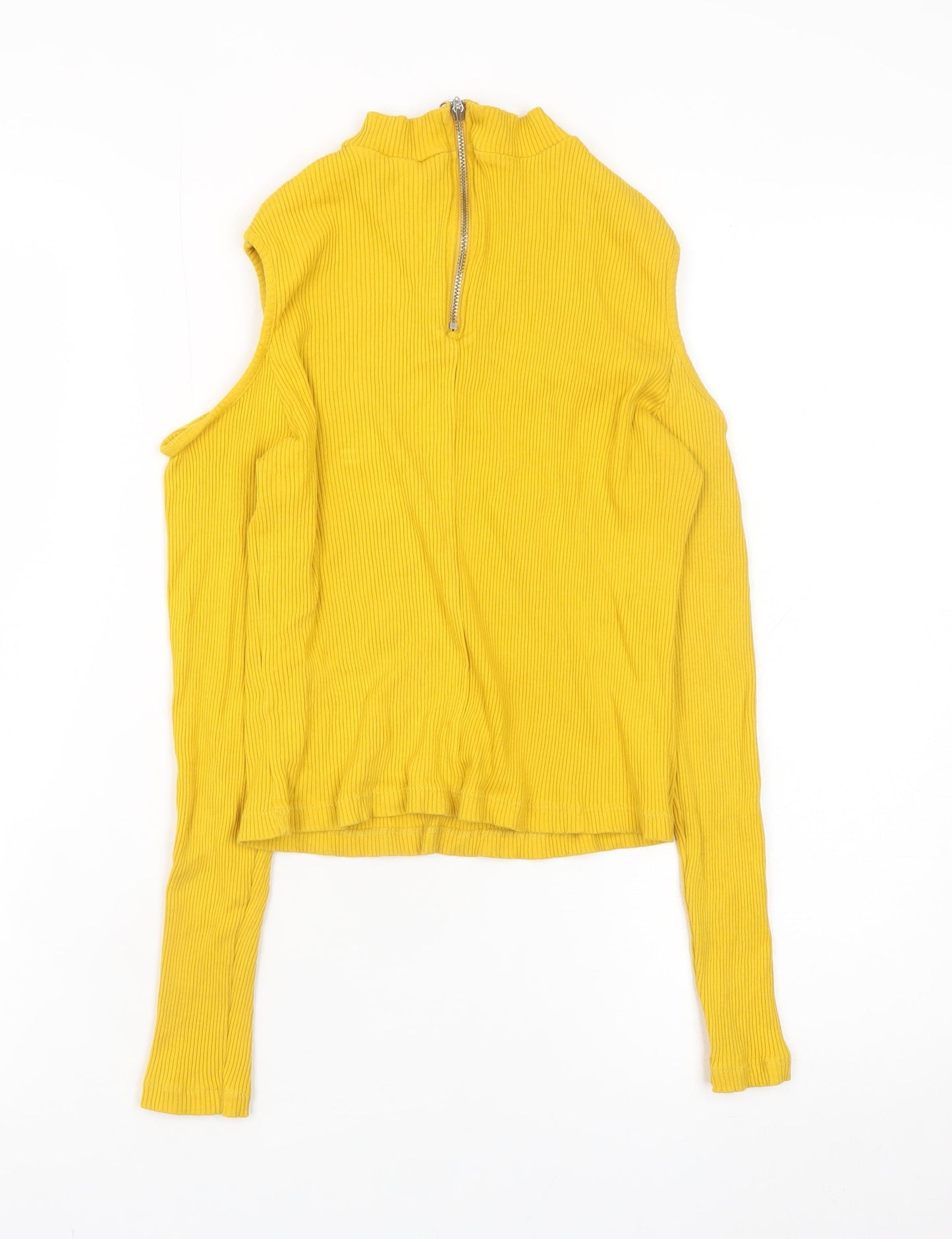 H&M Women Yellow Mock Neck Cold Shoulder Ribbed Top Size M