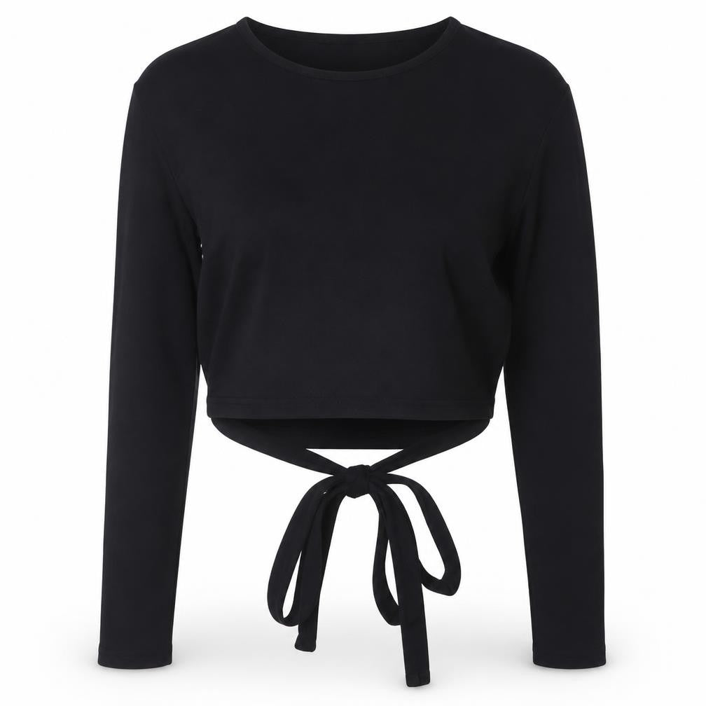 H&M Women’s Black Cropped Tie Waist Long Sleeve Jersey Top Size 12